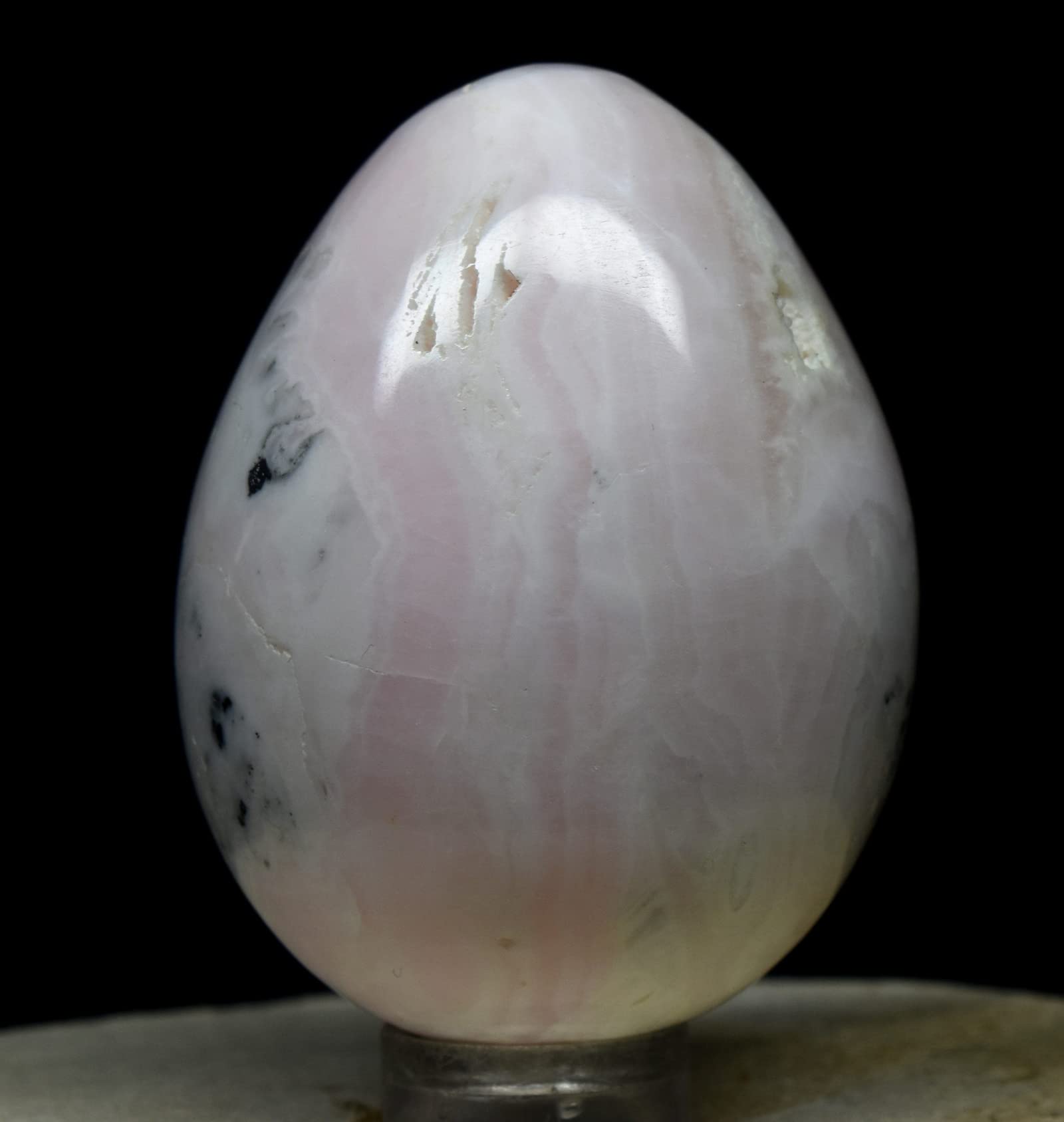 HQRPCrystal 2" 105g Soft Pink Mangano Calcite w/Inclusions Egg Polished Natural Gemstone Crystal Mineral UV Reactive Specimen - Peru + Stand