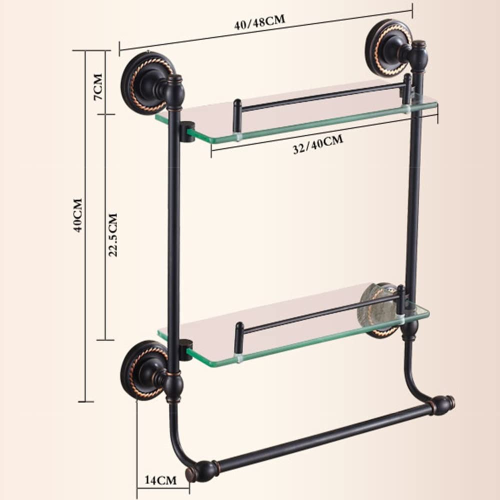 Estantes de baño exquisitos Caddy de Ducha Toallero de Bronce de Cobre Antiguo Negro, Estante de Vidrio Europeo con Barra Doble Cosméticos Almacenamiento de Estante de baño de 2 Capas