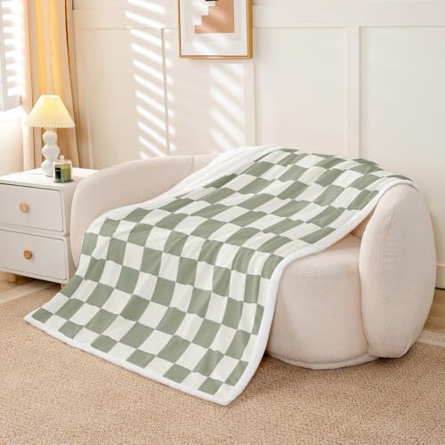 Image of Erosebridal Plaid Throw Blanket 40 inchX50 inch Beige Sage Green Checkerboard Sherpa Blanket Geometric Checkered Fleece Bed Blanket for Kids Boys Girls, Aesthetic Grid Flannel Blanket