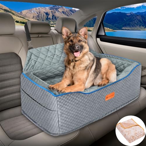 AlfaTok Dog Car Seat Large Size Dog, Washable Large Dog Car Seat, Detachable Memory Foam Pet Car Seat, Dog Booster Car Seat for Large Dogs 60 lbs, with 2 Dog Seat Belt and Dog Blankets
