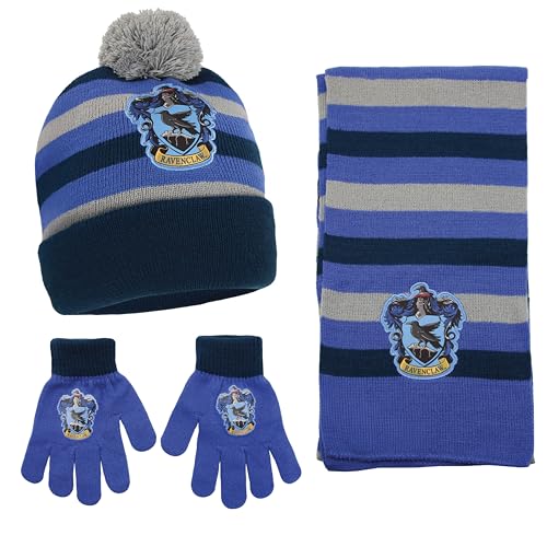 Harry Potter Ravenclaw Kids Winter Hat Gloves Scarf Set for Boys and Girls Winter Hat for Kids 4-14 Years