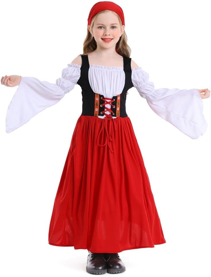 Dressy Daisy German Bavarian Dirndl Dress Up Costume Peasant Party Outfit with Head Scarf for Little Girls Size 5-12