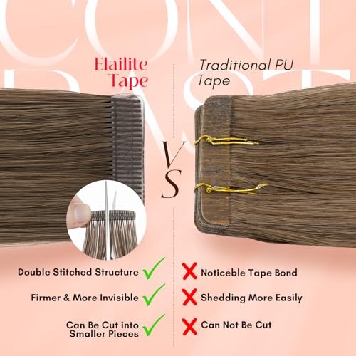 Image of Elailite Tape in Hair Extensions Human Hair Thick Real Remy Hairpieces Dark Brown 14 Inch 40g 20pcs Straight Invisible Seamless Skin Weft Best Tape for Women