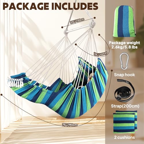 Image of Chihee Hammock Chair Foot Rest 2 Cushions Max 500lbs Metal Spreader Bar | Robust Hanging Chair Soft Cotton Blended Swing Collapsible Easy Storage Strong Strap Iron Carabiner Pocket Indoor Outdoor