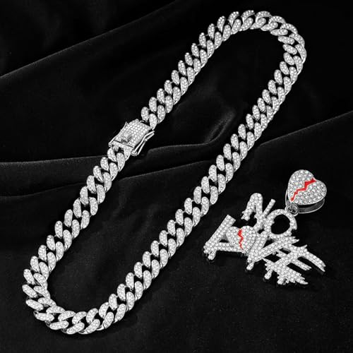 Miami Mens Cuban Link Chain Plated Bling Cuban Necklace Diamond No Love Chain for Men，Men's Fashion Jewelry，Hip-hop Cuban Chain4