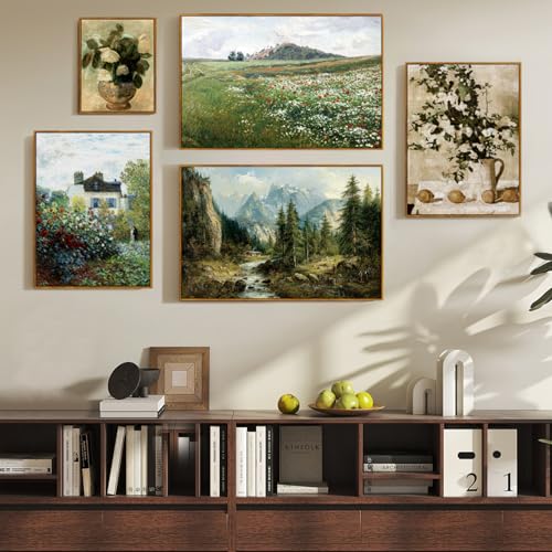 crmotu Vintage Framed Wall Art, Mountain River Landscape Canvas Painting, Pine Tree Forest Art Prints, Rustic Farmhouse Home Decorations, Pictures Wall Decor Living Room Bedroom Cottage 16x24in