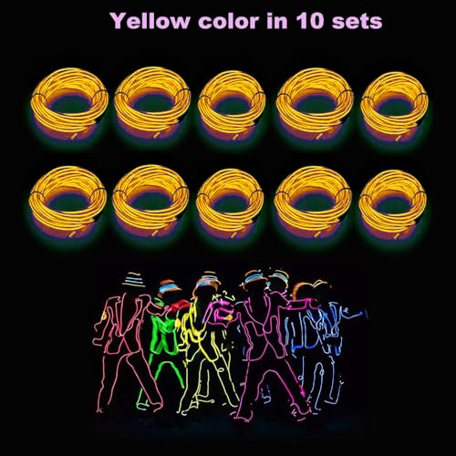 Image of MaxLax EL Wire Yellow 10-Pack, 9ft /2.75m Neon Light Wire with Noise Reduction and Battery Pack