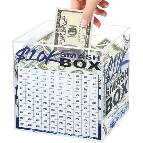 10K Smash Box Money Saving Challenge Unbreakable Piggy Bank for Adults Save $10,000 Money Saving Challenge Box, Clear Acrylic Saver Box for Cash Must Break to Open