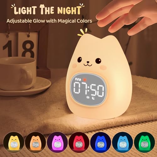 Image of Cat Alarm Clock with Night Light for Kids with Sleep Training and Sound Machine, Rechargeable Silicone Lamp OK to Wake Clock,Cute Animal Tabletop Lamp, Perfect Sleep Companion for Boys Girls