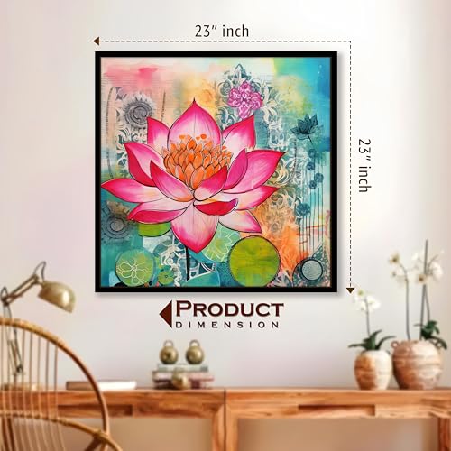 Image of PAINTINGMANTRA Multicolor Abstract Stretched Canvas Framed Painting Wall Art for Living Room Bedroom Office Cafe - Pink Green Orange Lotus Abstract Framed Canvas Wall Decor Painting Frame (58x58 cm)