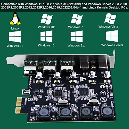 image for FebSmart 5-Ports Superspeed 5Gbps USB 3.0 PCIE USB Card for Windows an