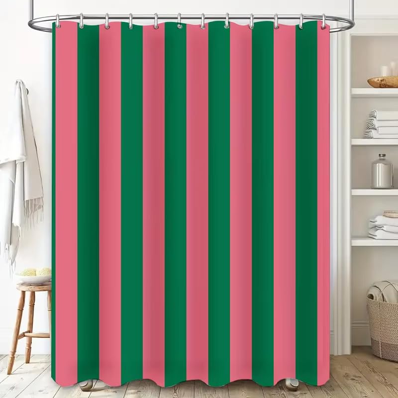 Cortina de Ducha de Rayas Verdes y Rosas, Impermeable, decoración de baño, Paneles de Ducha de Tela (70 x 140 cm/antimoho)