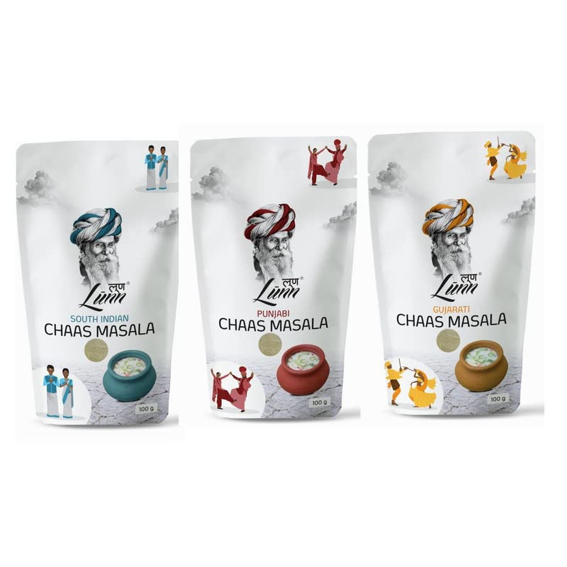 Lunn Gujarati Chaas Masala;Punjabi Chaas Masala & South Indian Chaas Masala| Buttermilk Spice & Seasoning | Rich in Minerals, Non GMO, Mild Salt | 100G | Pack of 3