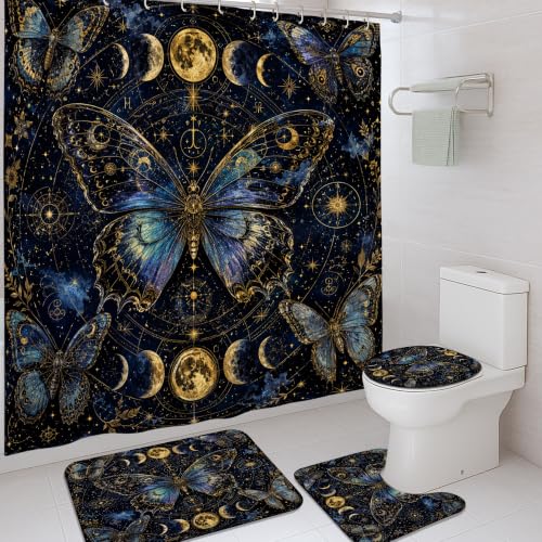 Rideau de douche bleu automne imprimé papillon lune 183x183 cm