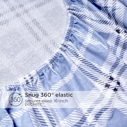 Image of Briarwood Home Printed Flannel Sheet Set, 100% Natural Cotton, Soft, Warm & Deep Pocket, Advanced Nano-Tech Making it Resistance to Pilling; Brushed 6 Times for Softness (Blue Plaid, Full)