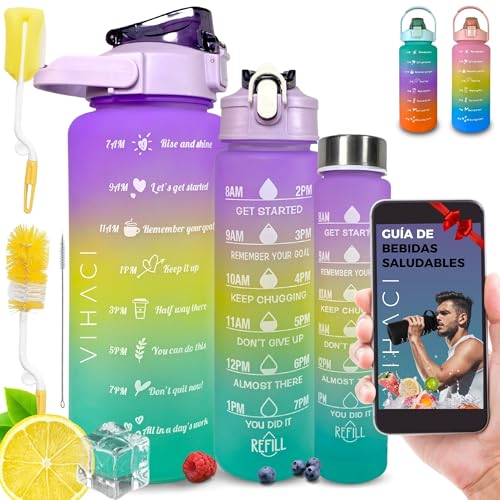 VIHACI Pack 3 Botellas Agua Gimnasio Motivacional Grande - 2L 1L 300 ml Botella Agua Gym Deportiva Reutilizable Libre BPA - Cantimplora Agua Deportiva - Bidon Agua Deporte Gimnasio - Modernas(Morado)