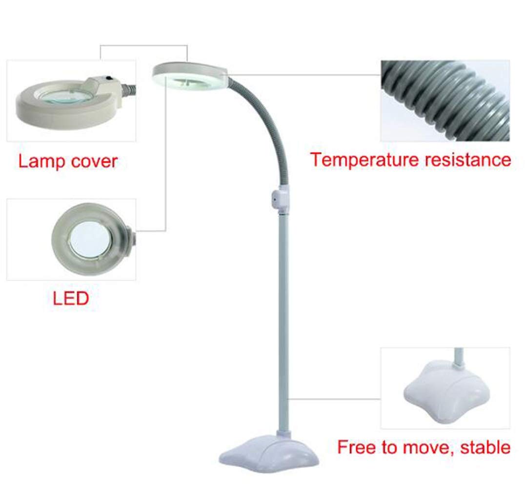 Lupa powiększająca, 5X LED Lupa Podłogowa, Lampa Podłogowa, Regulowana Podstawa, Obrotowe Ramię, Światło powiększające z gęsą szyjką, do salonów, urody, manicure