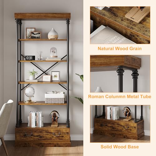 5 Tier Bookshelf with Storage Drawer, 81" Tall Book Shelf Vintage Bookcase w/Metal Frame, Rustic Open Bookshelf for Living Room Offic Bedroom Library (Brown)