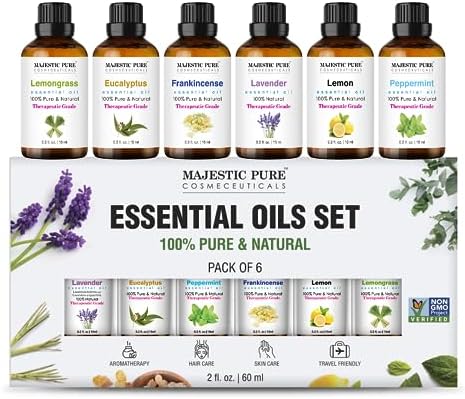 Majestic Pure Essential Oils Set, 100% Pure & Natural Essential Oil for Diffusers, Aromatherapy, Candle, Humidifiers, Gifts – Peppermint, Lavender, Eucalyptus, Tea Tree, Lemongrass – (10ml x 6)