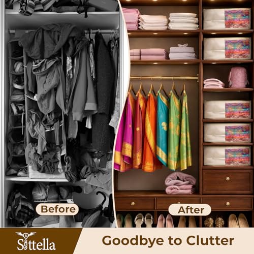Image of SITTELLA Pack of 3 Cotton Canvas Saree & Blouse Covers with Zip | 17 x 14 x 7 Inch Clothes Storage Bags for Sarees, Dresses & Lehengas | Wardrobe Organizer