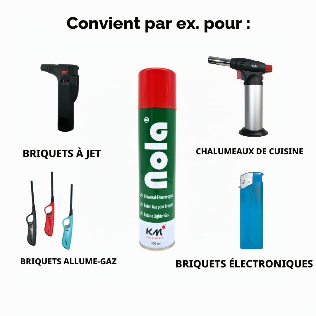 NOLA Gaz universel pour briquets et brûleurs à flambe - Qualité supérieure - Butane - Idéal pour tous les modèles 703 - 12 x 300 ml