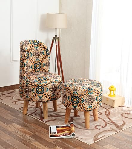 Image of NACIA Velvet Printed Ottoman Chair with Stool Combo | Dressing Table Chair for Bedroom Makeup Room Decor | Modern Upholstered Ottoman with Wooden Legs for Living Room & Home (18x18x32 Inches, Butaa)