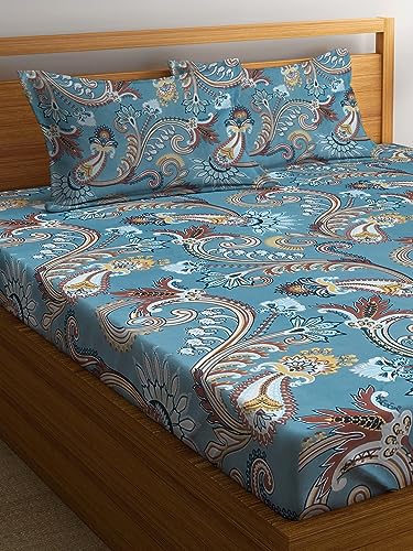 Image of Home Sizzler 144TC Artistic Dreams Teal Blue Elastic Fitted Double Bedsheet with 2 King Size Pillow Covers, Fit for Mattress: 72 inchX75 inch & 72 inchX78 inch