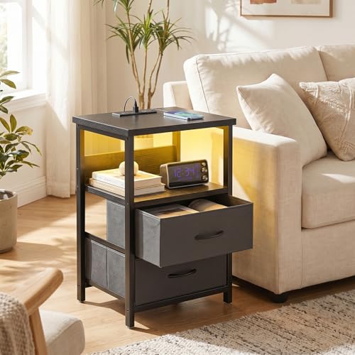 Image of Fixwal Nightstand Set of 2 Night Stand with Charging Station, LED Nightstand with Fabric Drawers, End Table with PU Finish, Bed Side Table, Black