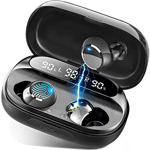 Auriculares Inalámbricos, Auriculares Bluetooth 5.0 3500mAh 150H Playtime IPX7 Impermeable con Caja de Carga y Mic, LED Display, Control Táctil, Mini In-Ear Auriculares
