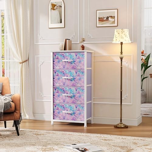 DWVO Dresser with 4 Drawers - Storage Tower Unit, Dresser for Room, Living Room, Closets - Sturdy Steel Frame, Wooden Top & Easy Pull Fabric Bins,Purple