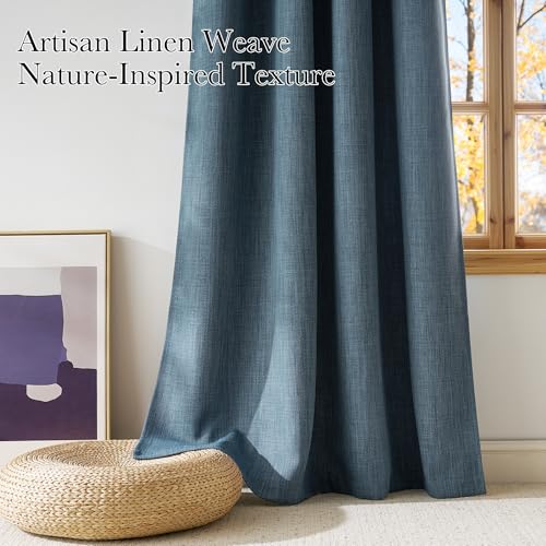 Image of NICETOWN Short Faux Linen Mist Blue Blackout Curtains 63 inches Long for Kitchen - Privacy Panels for Living Room Bedroom, Modern Farmhouse Style Easy Care Grommet Top, 2 Panels, W42 by L63