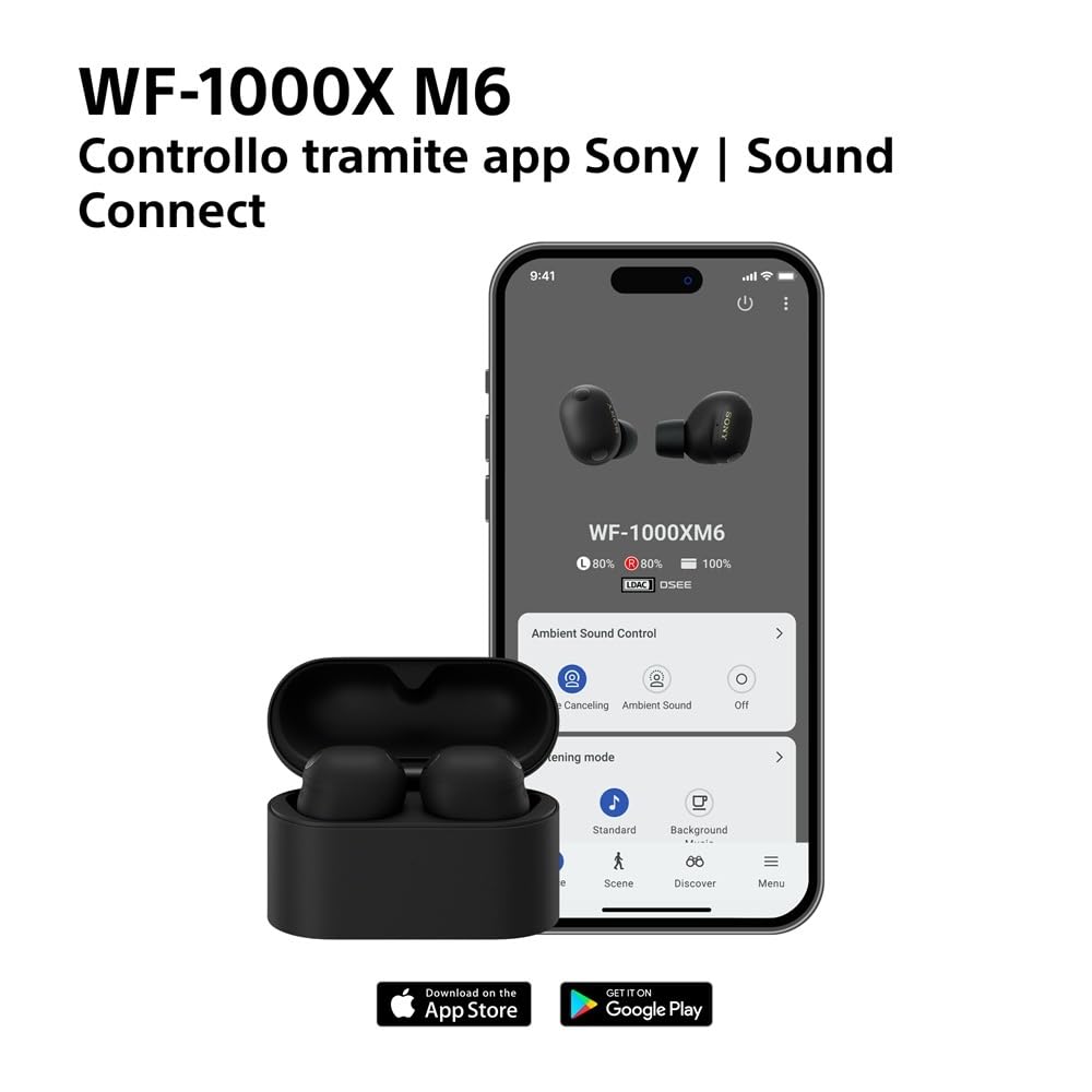 Sony WF-1000XM6: auricolari wireless top di gamma con noise cancelling, suono Hi-Res, chiamate nitide, EQ a 10 bande, autonomia fino a 24 ore NC on, IPX4, iOS/Android - Black