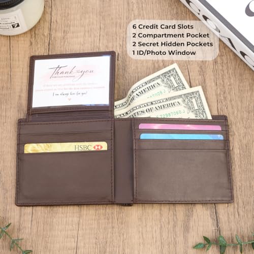 Image of Men's Dark Brown Leather Bifold Wallet RFID Blocking Front Pocket Security Passcase Cowhide Durable Extra Capacity Billfold 6 Credit Cards with Flip-out ID Classic Handmade Gift For Him VINAM-B-03