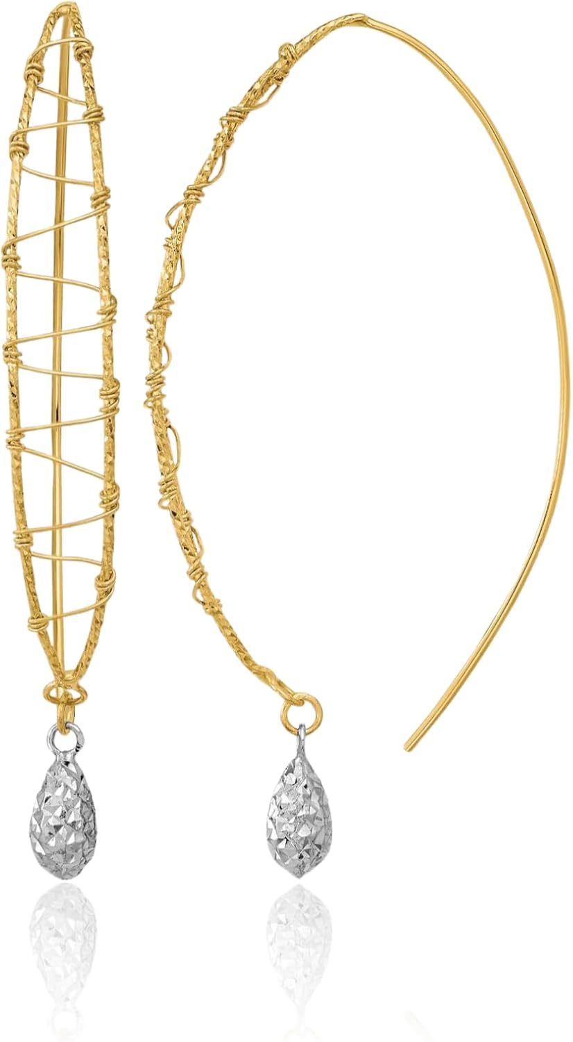 IceCarats 14K Solid Two Tone Gold Long Wire Wrapped Threader Leaf Dangle Earrings 47mm 1 7/8 inch Diamond Cut, Geometric For Her