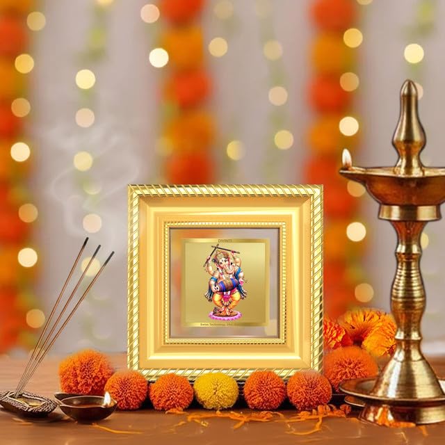 Image of DIVINITI Dancing Ganesha 24K Gold Plated Foil Tabletop Photo Frame for Home Decor, Puja Room, Luxury Gifting | DG Frame 015 S1A (10x10 CM)