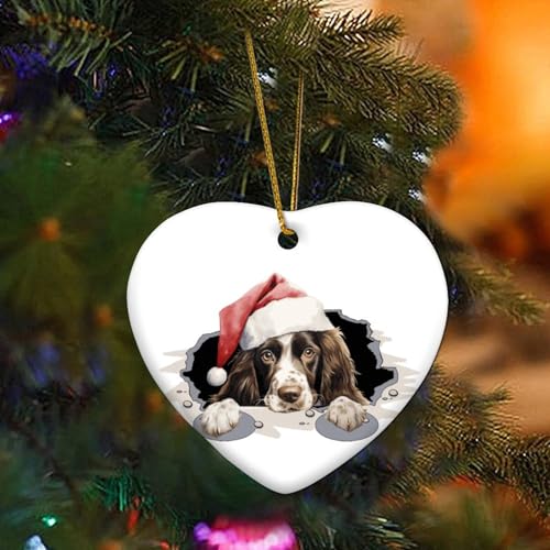 Peeking English Springer Spaniel Weihnachtsschmuck Hund Rasse Hund Kind Tier Herz Porzellan Anhänger Keramik Rustikale Weihnachtskugel Geschenk für Urlaub Weihnachtsbaum Party Dekorationen