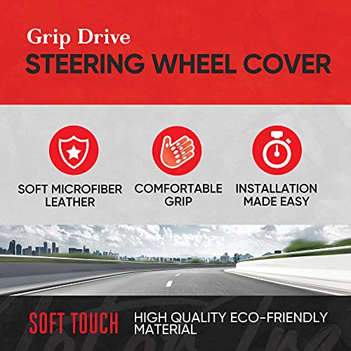 Image of Motor Trend GripDrive Gray Carbon Fiber Steering Wheel Cover, Standard 15 inch Size, Black Faux Leather Comfort Grip, Car Steering Wheel Cover for Auto Truck Van SUV