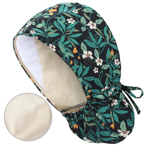 Image of QBA Adjustable Working Cap with Button, Satin-Lined Hat, Cotton Working Hat Sweatband, Elastic Tie Back Hats Unisex