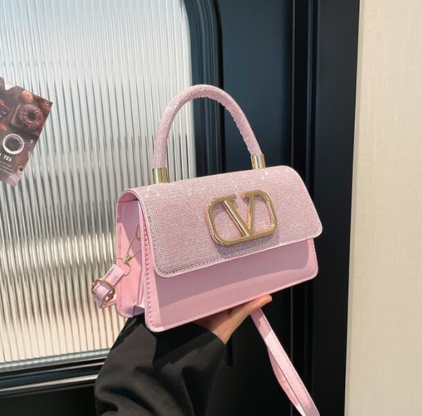 Designer Mini Handbag for Women, Glitter Top Handle Crossbody Purse with Gold V Logo, PU Leather, 8.7x4.9x2.6 Inch2