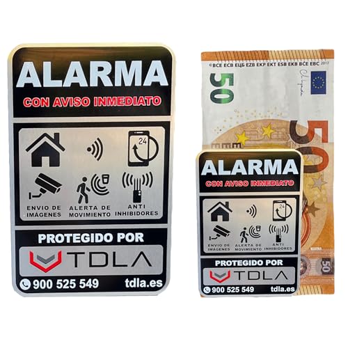 PACK 2 Tamaños   NO PARECE REAL, LO ES. Super Adhesivo y ALUMINIO   Somos empresa venta de ALARMAS Especial piso Cartel alarma disuasorio Alarma NEGRO  14x9cm y 8x6cm   0,8mm