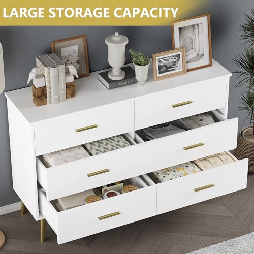 White Dresser for Bedroom, Dressers & Chests of Drawers for Clothes Storage, Wood Dresser for Closet with 6 Drawers, Wide Long Clothes Organizer with LED Light for Hallway, Entryway, Metal Handles - Image 5