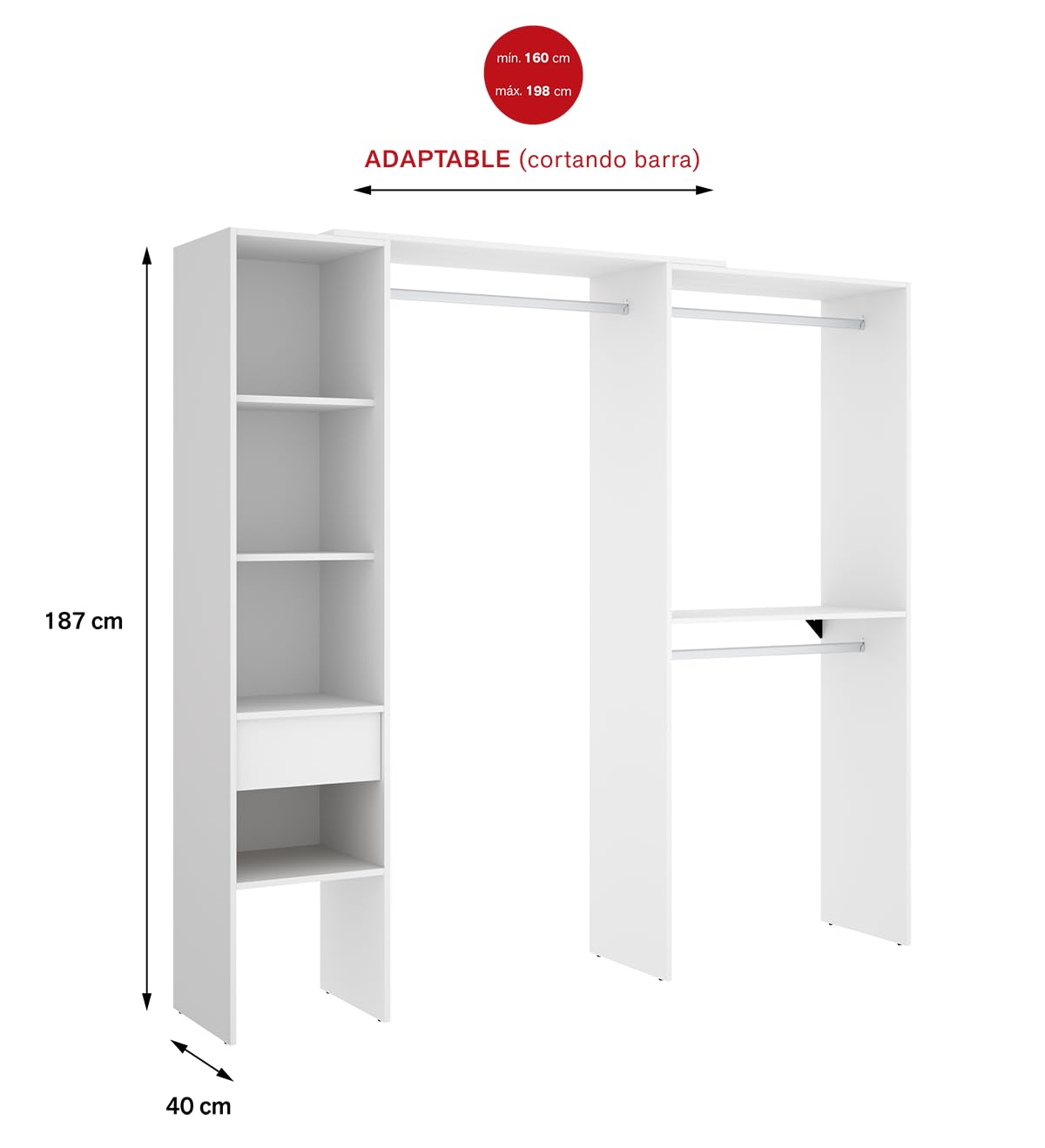 PEGANE Armoire Dressing Double en Bois mélaminé Coloris Blanc - Longueur 98 x Profondeur 41 x Hauteur 187 cm