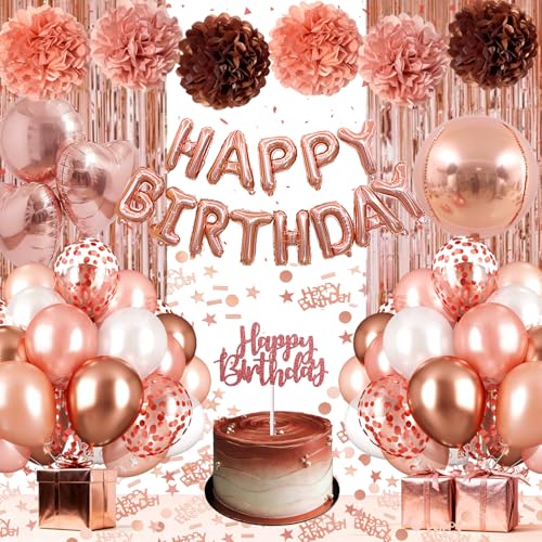 Decoração de aniversário, balões de aniversário ouro rosa com bandeira Happy Birthday, decoração de aniversário para menina, menina e mulher com cortinas de borlas, balões de alumínio 4D e coração