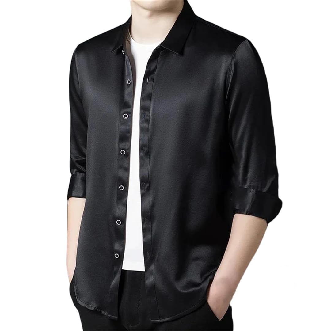 Mens Silk Dress Shirt Long Sleeve Solid-Color Tops Button Down Slim Fit Business Casual Shirt