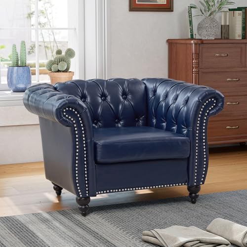Image of QHITTY Accent Chair, Chesterfield Chair Modern Leather Upholstered Chair with Tufted Back for Living Room Furniture (Blue)