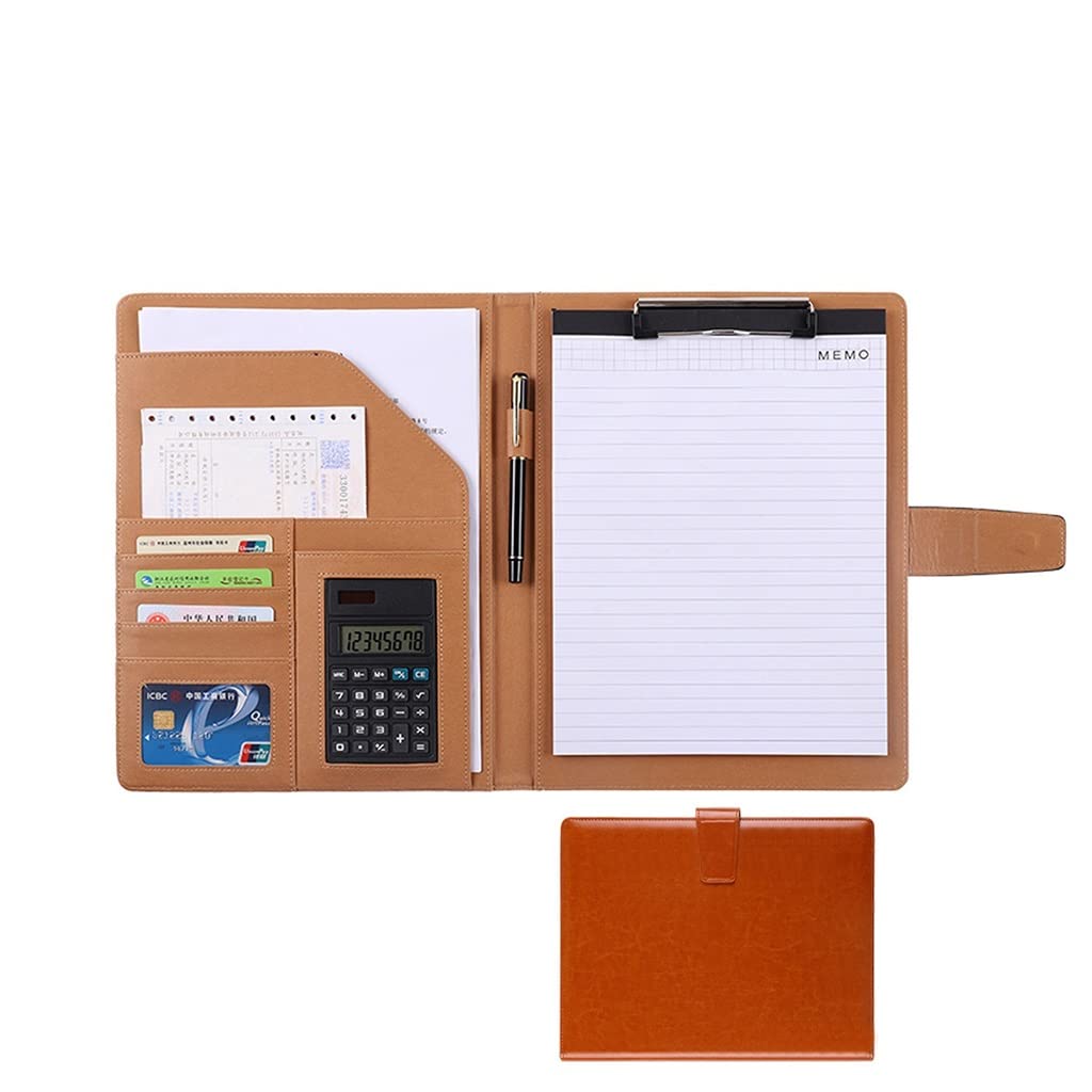 Teczka konferencyjna Organizer na dokumenty， Teczka A4 z schowkiem i miejscem do przechowywania, teczka z imitacji skóry do segregatora A4(Bruin,8digit calculator)