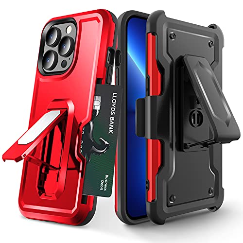 Elegant Choise for iPhone 13 Pro Case, iPhone 13 Pro Phone Case, Case for iPhone 13 Pro, iPhone 13 Pro Case with Card Holder/Kickstand/Belt Clip, Protective Phone Cases for iPhone 13 Pro (Red)