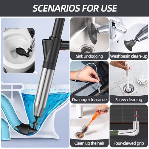 Image of Toilet Plunger Heavy Duty, 13 Piece Toilet Plunge Blaster, Drain Snake Hair Drain Clog Remover High-Pressure Air Plungers for Bathroom, Unclog Toilet, Clogged Sink Pipes and Refrigerator