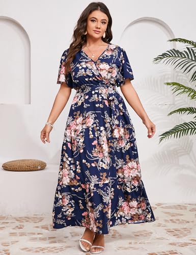 KOJOOIN Women Plus Size V Neck Wrap Maxi Dress Short Sleeves High Waist Ruffle Summer Casual Dress with Belt2