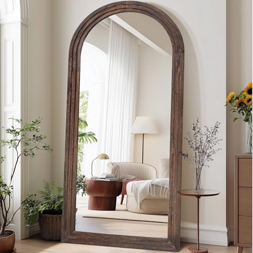 Image of 71x32 Arched Full Length Mirror, Solid Wood 3 Layer Frame, Brown